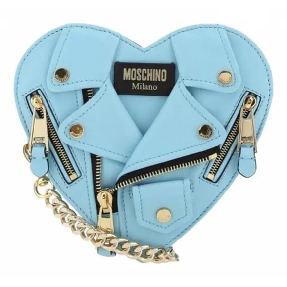 SS22 MOSCHINO Couture Jeremy Scott Turquoise Heart Leather Biker Jacket Bag - Picture 1 of 11